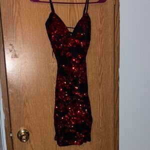 Windsor Black Mini Dress with Red Sequin Floral Accents